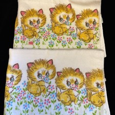 2 Vintage Comfort Kitten Baby Receiving Blankets Kitschy Cat Yellow Cotton