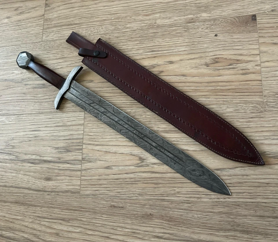 Меч викингов на заказ ручной меч из дамасской стали с кожаными ножнами - Изображение 2 из 4