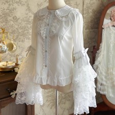 Ruffles Girl Lolita Blouse Tops Shirts Lace Tiered Flared Sleeve Fairy White