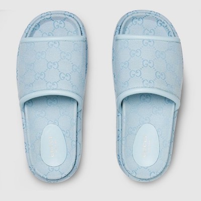 Gucci Light Blue GG Monogram Logo Canvas Mule Flat Slide Platform