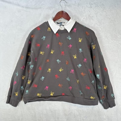 ModCloth Sweatshirt Womens M Gray Cat Crossbones Collared Pullover Halloween