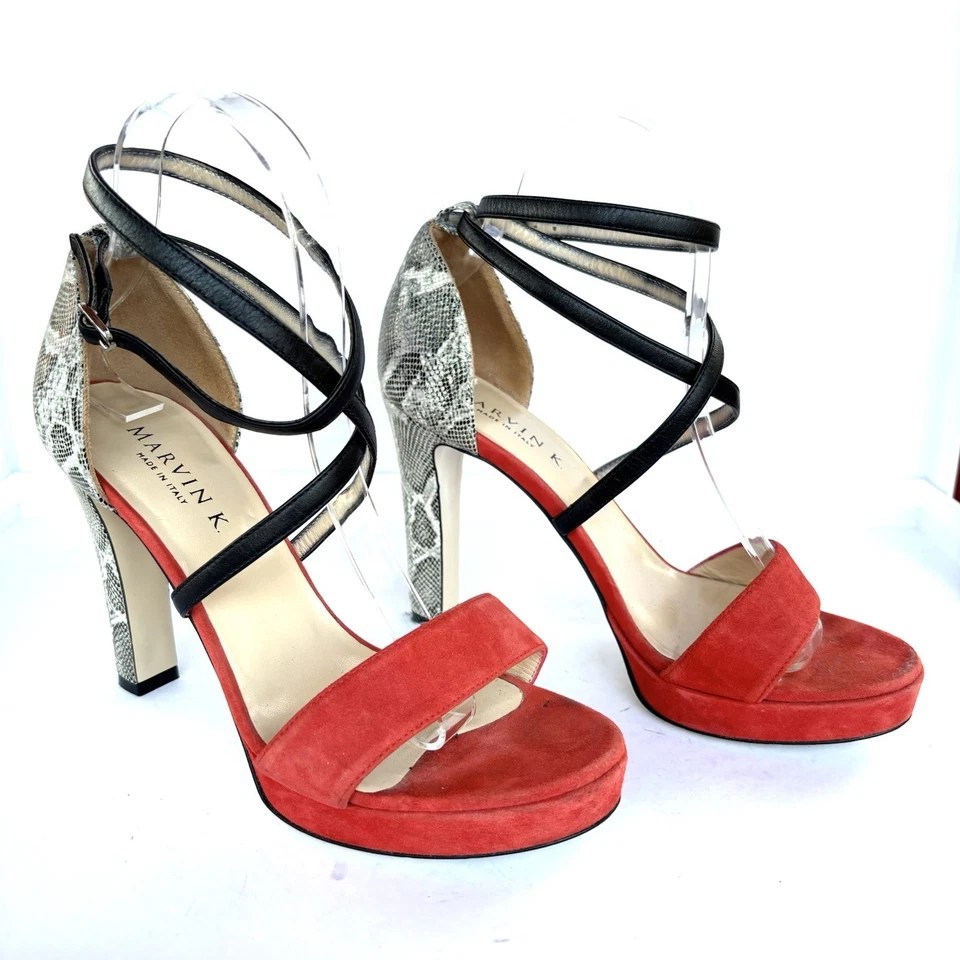 Zapatos sandalia MARVIN K talla 7,5 tacón italiano correa al tobillo gamuza roja patrón serpiente Foto 4 de 4
