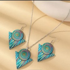 Womens Colorful Boho Style Jewelry Set with Pendant Necklace and Drop Earrings