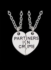 2PCS Best Friends  Partners in Crime  Heart Split Necklace Set   Silver Matching