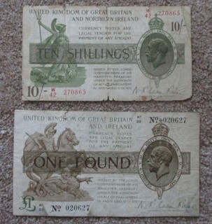 Old Great Britain One Pound Treasury & 10 Shillings Notes Well Used Condition