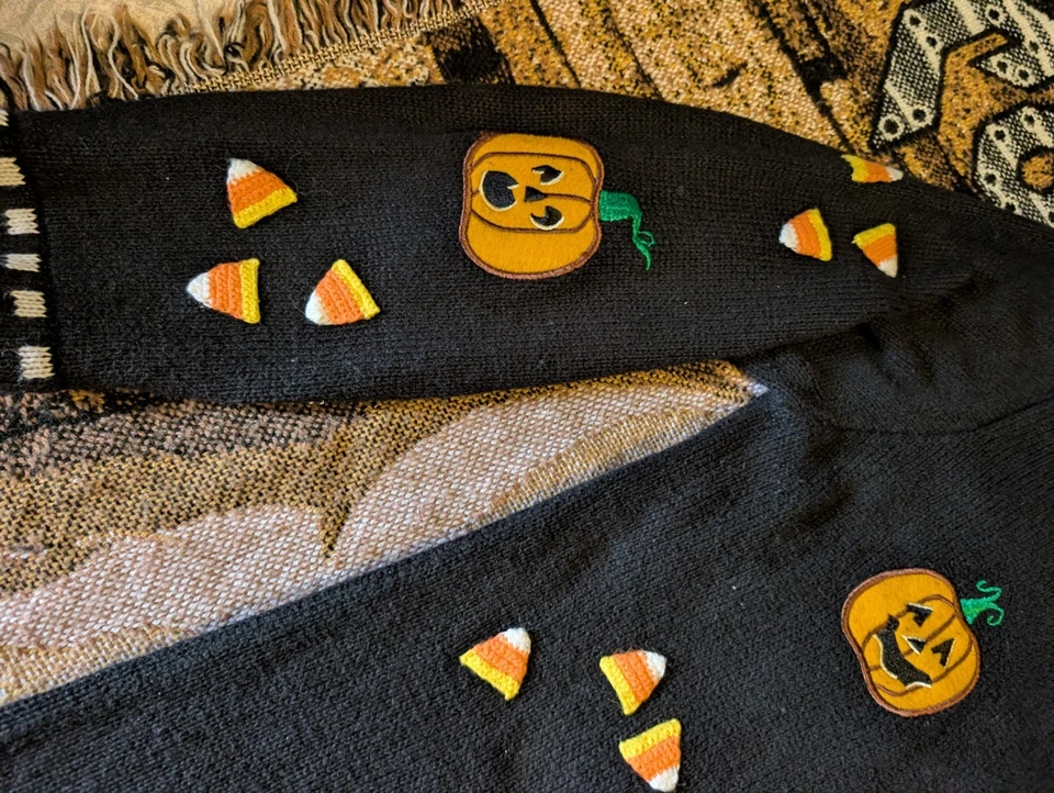 Vintage Knit Halloween Cardigan 1X Quacker Factory Pumpkin Candy Corn - Image 2 of 4