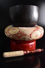 B4922: XF Japanese Copper BIG BUDDHIST BELL w/tray Buddhist art