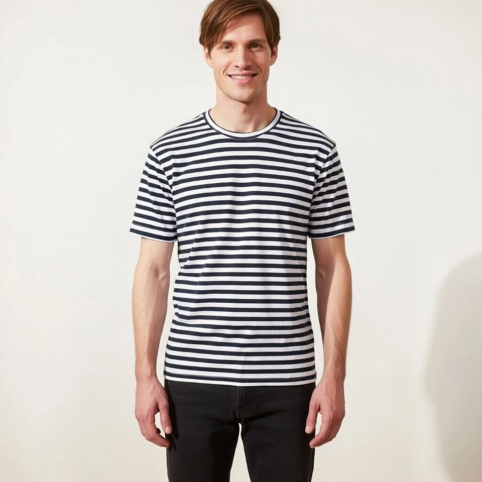 Marine T-Shirt S-6XL Bleu Blanc Rayé Demi Manches Russe Marins Chemise Armée - Photo 2/4