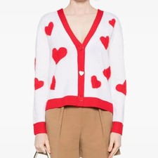 Alice + Olivia Bradley Intarsia Heart Wool Cardigan Sweater Red White XS