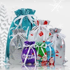 Reusable Plastic Gift Bags with Drawstring for Christmas Holiday Packaging