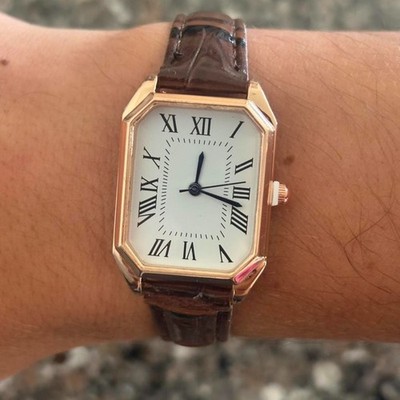 Vintage Brown Leather Watch Gold Tone Roman Numeral Rectangular Old Money