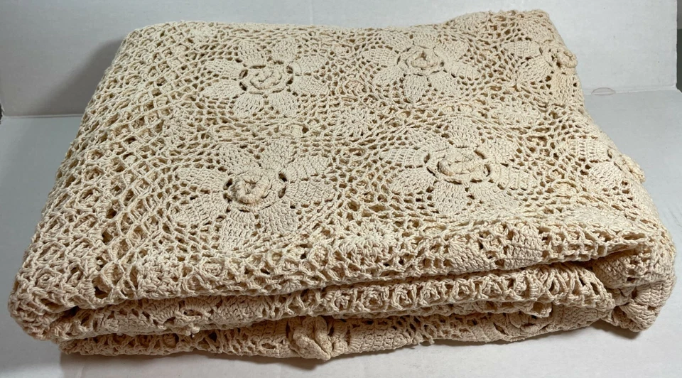 New Handmade Crochet Lace Tablecloth, rectangular 72" x 108" 100% Cotton, Beige - Image 2 of 4
