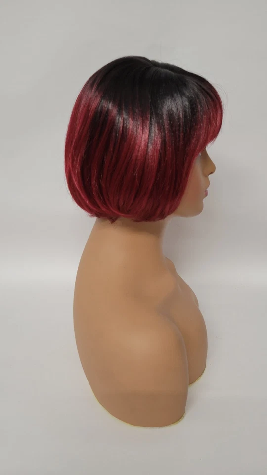 Straight Short Bob bangs Wig Premium Synthetic Daily Fashion Ombre Bl. &BURGANDY - Image 3 of 4