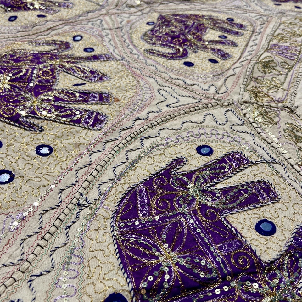 Hand Embroidered Indian Tapestry/Drape/Wall Hanging. Purple Elephant w. Sequins - Image 2 of 2