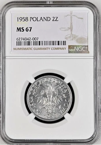 Poland 2 Zlote 1958 NGC MS 67 UNC Aluminum