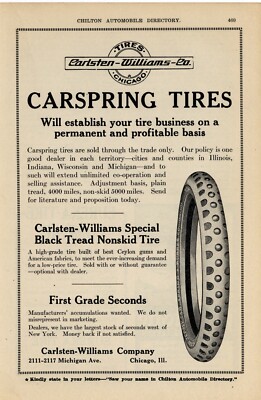 1916 Carlsten-Williams Co. Ad: Carspring Tires - Ceylon Gums - Chicago, Illinois