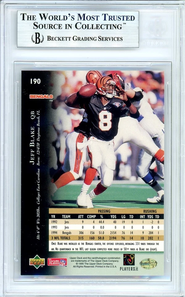 POP 1: Jeff Blake BGS 9: 1995 Upper Deck Rookie Card Gisto #190 - Image 2 of 3