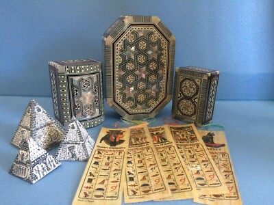 Set Of Five (3 Egyptian Mother Of Pearl Jewelry Boxes, 3 Pyramids, 5 Bookmarks)