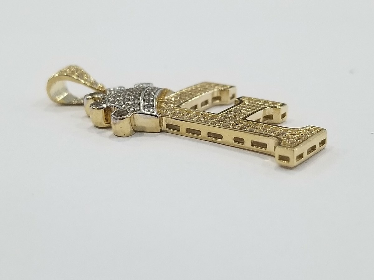 14k Unisex Yellow Gold Crown Initial Alphabet Letter F Pendant 