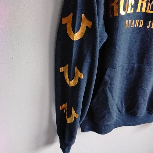 True Religion Brand Jeans Size Medium Blue and Gold Lettered Hooded Sweatshirt - Picture 2 of 7