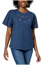 DG2 by Diane Gilman Flutter-Sleeve Embellished Americana Tee Navy