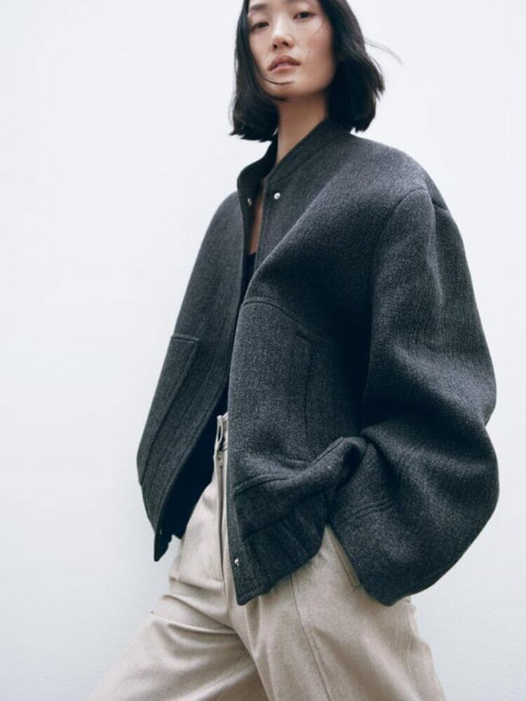 2023 Wool blend bomber jacket long sleeved top casual loose