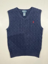 Polo Ralph Lauren Sweater Vest Boys 7 Navy Cable Knit V Neck Red Pony Cotton