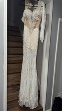 Ivory Nude Beaded Lace One Sleeve Off-Shoulder Mermaid Wedding Dress with Train