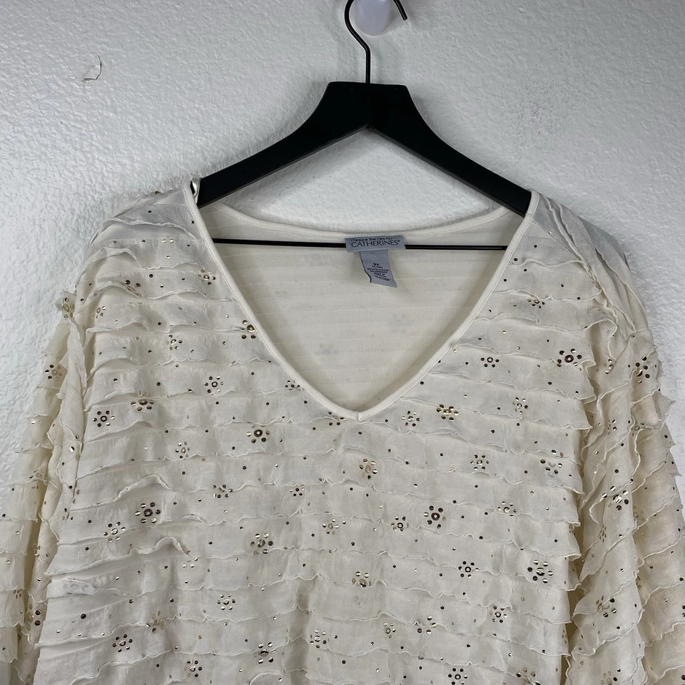 Maggie Barnes Catherines 上衣短袖套衫层褶边亮片象牙色 3X — 第 4/4 张图片