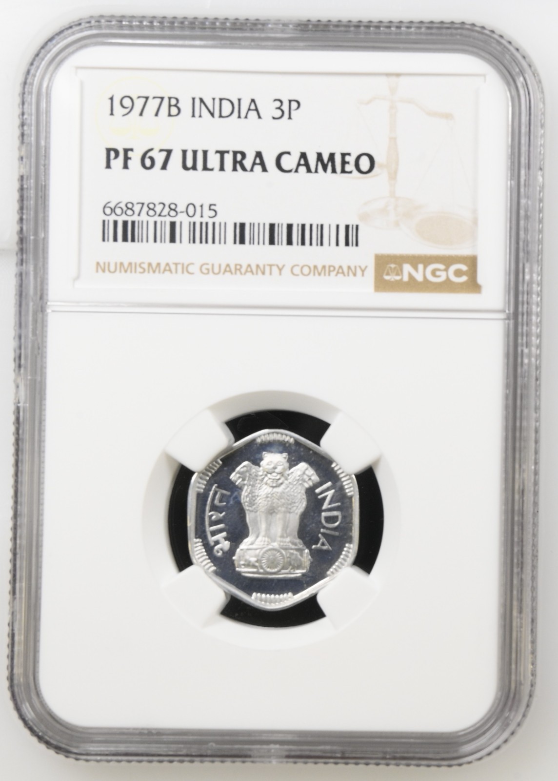 India 3 Paise 1977B NGC PF 67 Ultra Cameo