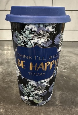 Charming Charlie THINK I'LL JUST BE HAPPY TODAY Coffee Ceramic Mug Silicone Lid