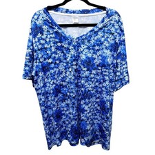NWOT-3XL-Blue Floral V-Neck Short Sleeve Blou...