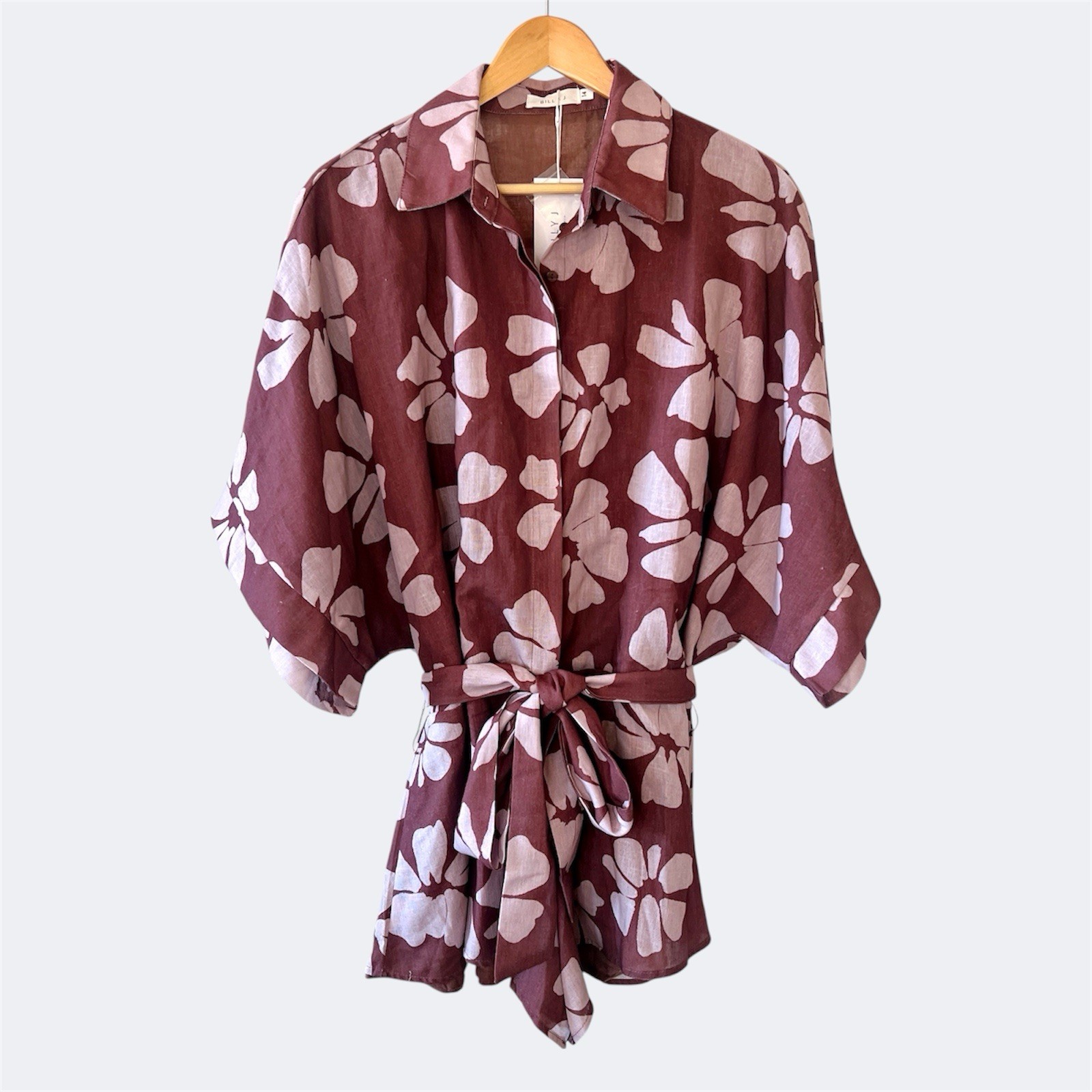 Billy J Bailin Linen Playsuit AU 14 / US 10 / XL Romper Brown Floral Belted NWT image 4
