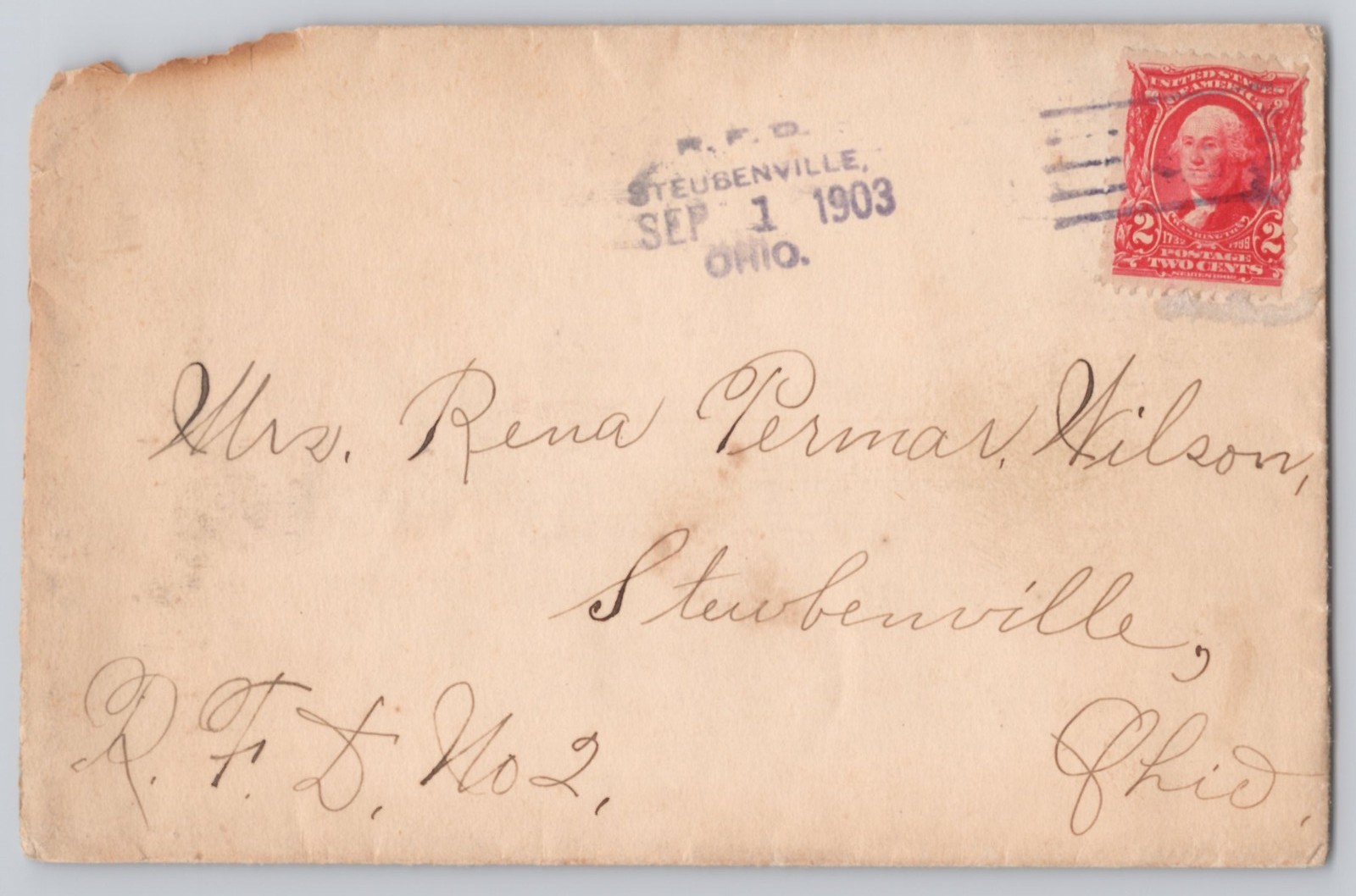 Steubenville, Ohio, Un addressed with 2c red Washington stamp 1903