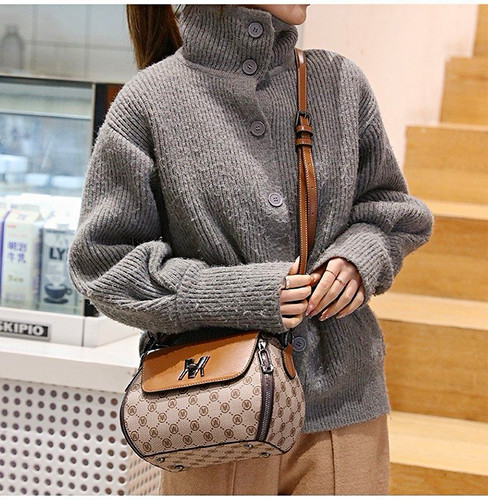 Women’s Small Monogram Crossbody Bag Beige/Brown Zip Top Handle Detachable Strap