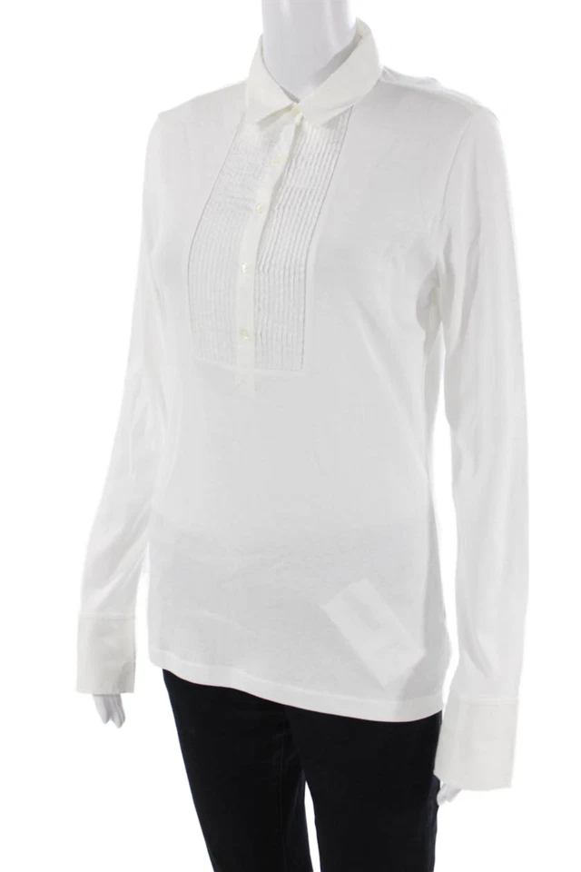 Camisa de malha Bogner feminina manga longa gola algodão branco tamanho 10 - Imagem 2 de 4