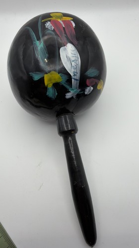 Signed Hand Painted Black Maraca Shaker Tropical Flowers Folk Art Musical Instru