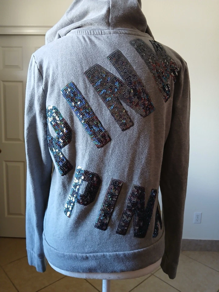 Victoria’s Secret PINK Gray Sequin Bling Full Zip Hoodie Women’s Size Small - Image 3 of 4