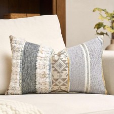 Gray Boho Lumbar Pillow Cover 12x20 Farmhouse Woven Tufted Striped Decor New