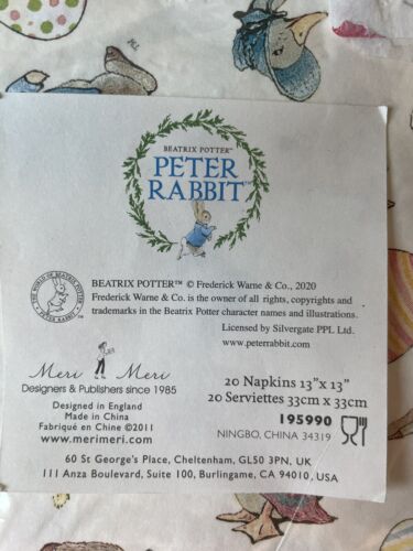 Peter Rabbit Napkins 20 Count Luncheon Dinner Size Easter Eggs Beatrix Potter 6" - Picture 3 of 4