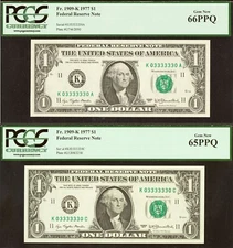 1977 $1 FRN PCGS 66PPQ Lot of 2 matching fancy radar serial number 03333330