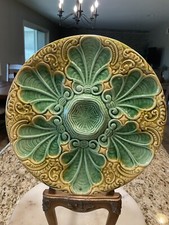 Antique Art Nouveau French Majolica Oyster Plate Green & Yellow 