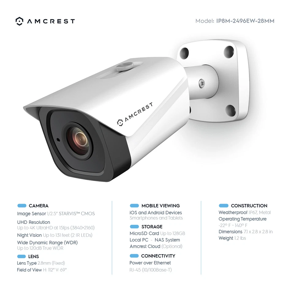 Amcrest UltraHD 4K (8MP) Bullet POE IP Security Camera IP8M-2496EW-V2 White - - Image 2 of 4