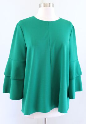 TIBI Midori Green Crepe Structured Layered Bell Sleeve Top Blouse Size 6