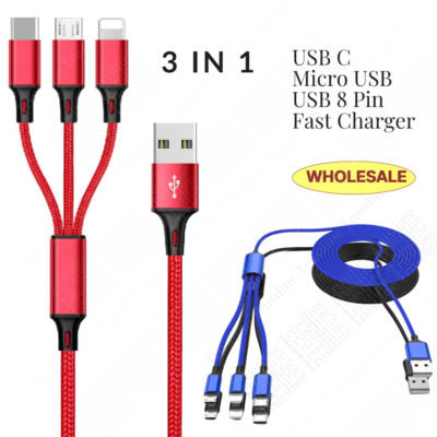 Universal 3 in 1 Multiple USB Cable Fast Charging Cord with Type C/Micro USB Lot