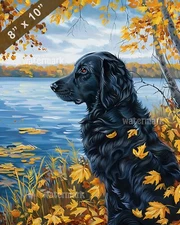 Flat-Coated Retriever by lake painting 8x10 Print