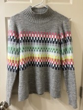 LOFT Women Geo Mock Neck Sweater Size Small Wool Blend Gray Soft 601