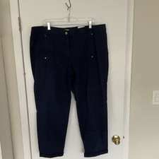 Chico's Women's Navy Blue Cotton Ankle Pants Solid Regular Button Accent