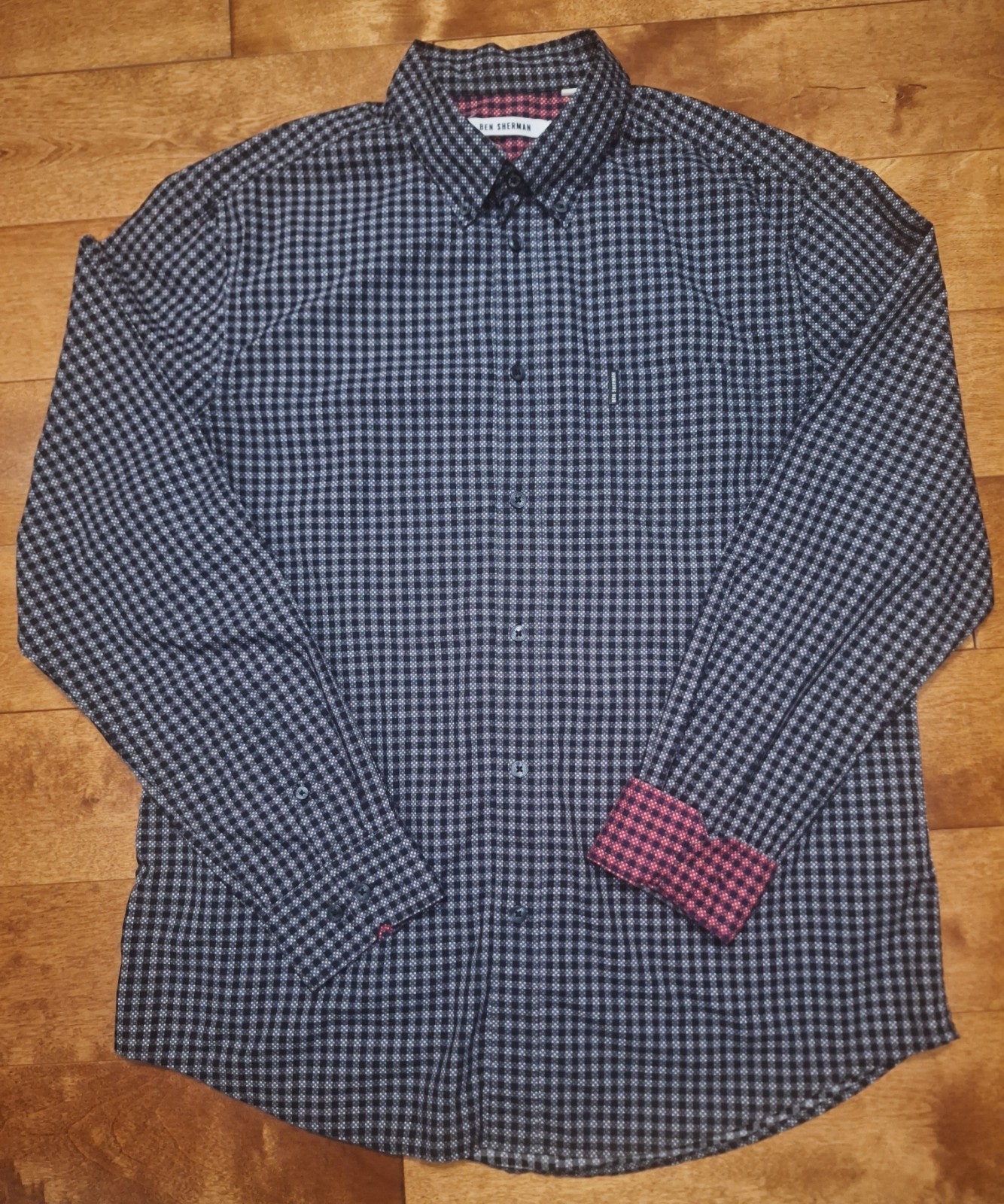 Ben Sherman Men's XL Long-Sleeve Button-Down Checkered Polka Dot Shirt Black EUC