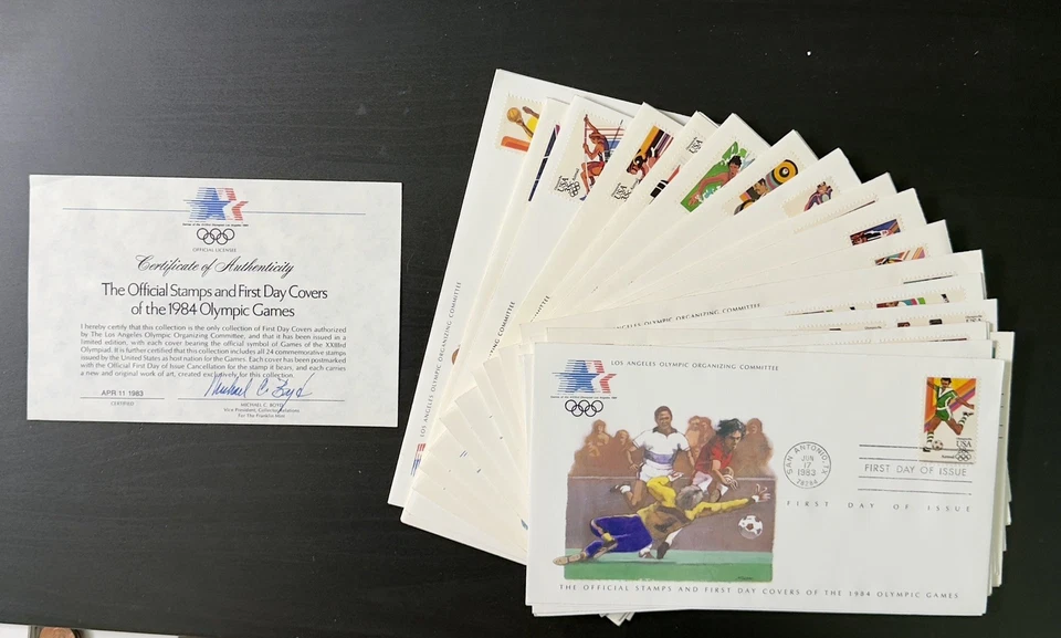 Commemorative Box Set 1984 Olympic Games-24 Official Stamps on 20 FDC’s-Info/COA - Image 4 of 4